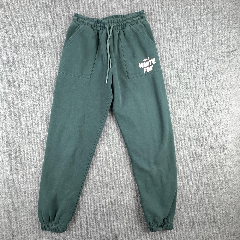 White Fox Jogger Pants Womens Small Green Fleece Relaxed Fit Drawstring Pockets